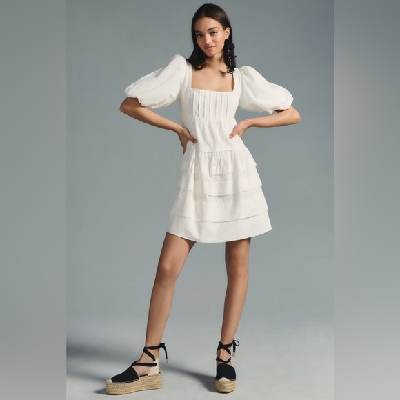 Anthropologie Square-Neck Puff-Sleeve Tiered Dress size Medium. - Picture 1 of 12